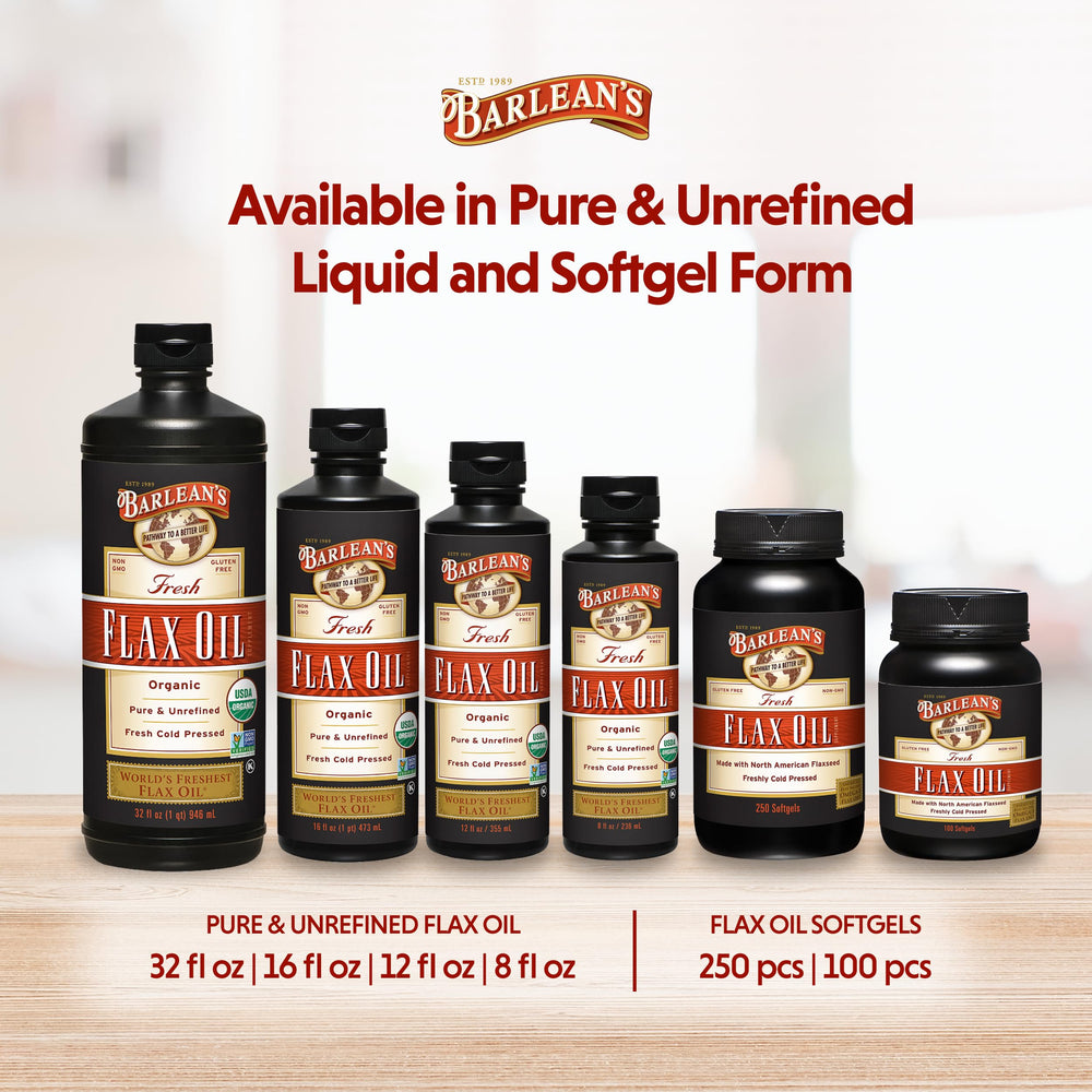 Barlean's bottle inside refrigerator showing recommended storage to preserve freshness
