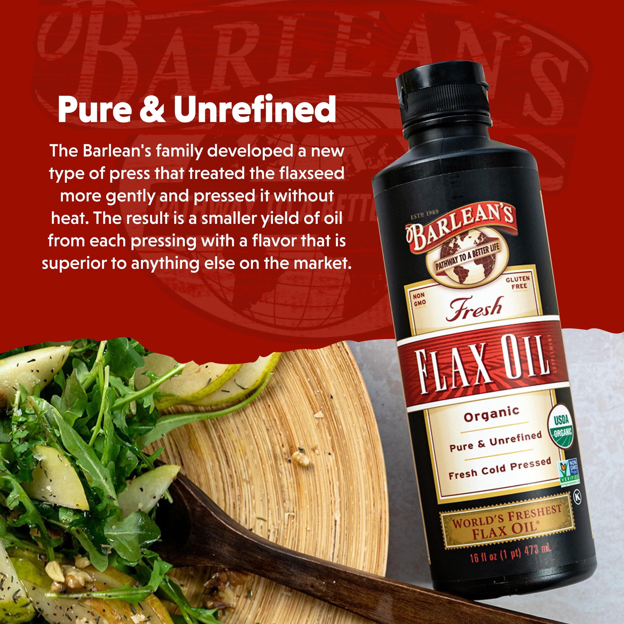 Salad topped with Barlean's oil demonstrating flavor boost and cold‑use versatility