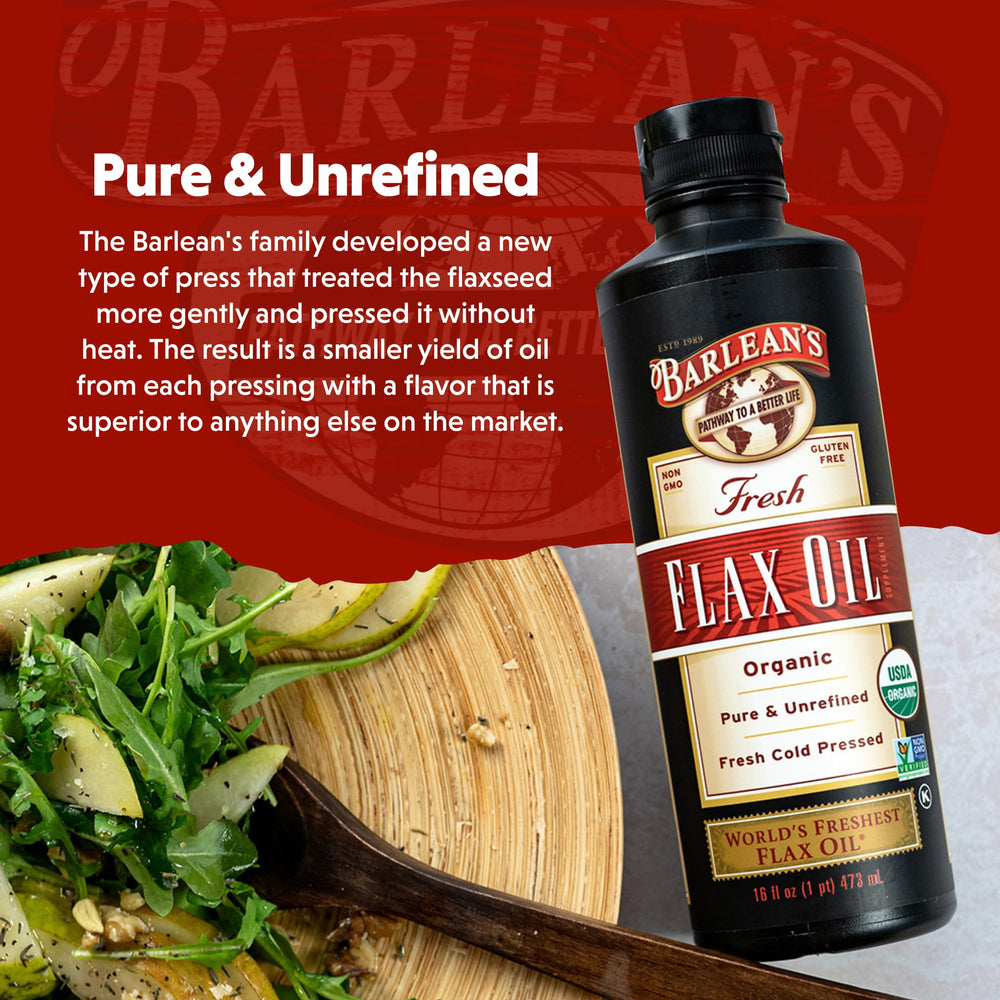 Salad topped with Barlean's oil demonstrating flavor boost and cold‑use versatility