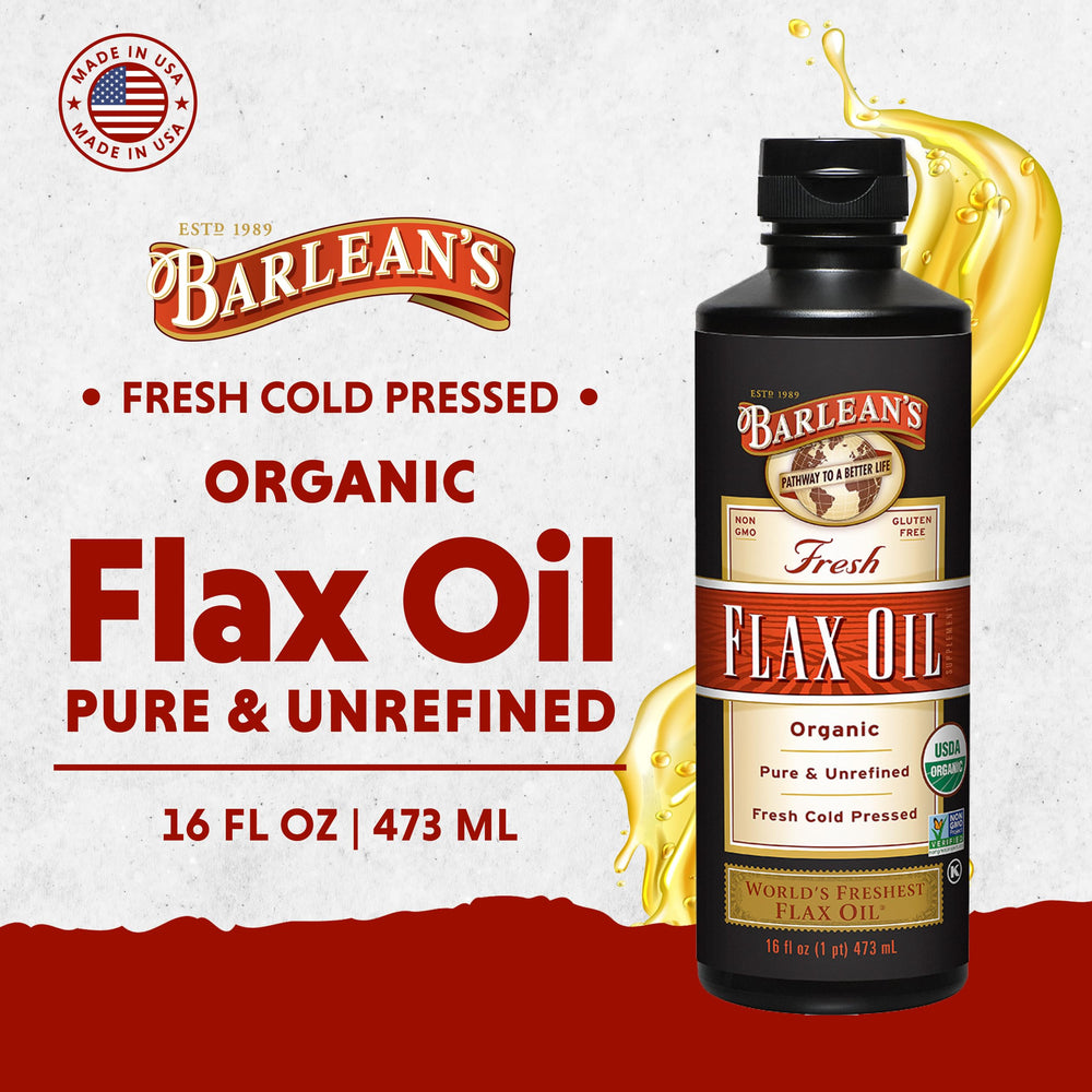 Barlean's flax seeds to bottle depiction highlighting organic sourcing and cold press benefits