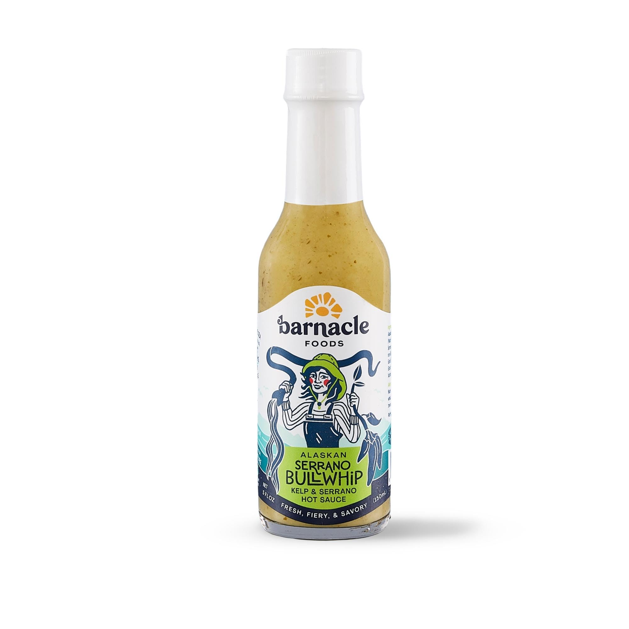 Barnacle Foods bottle in hand to show size and easy kitchen use