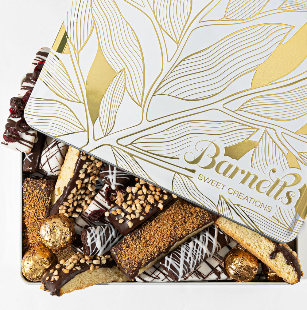 Barnetts white tin front view showcasing elegant gold design and premium gifting benefit