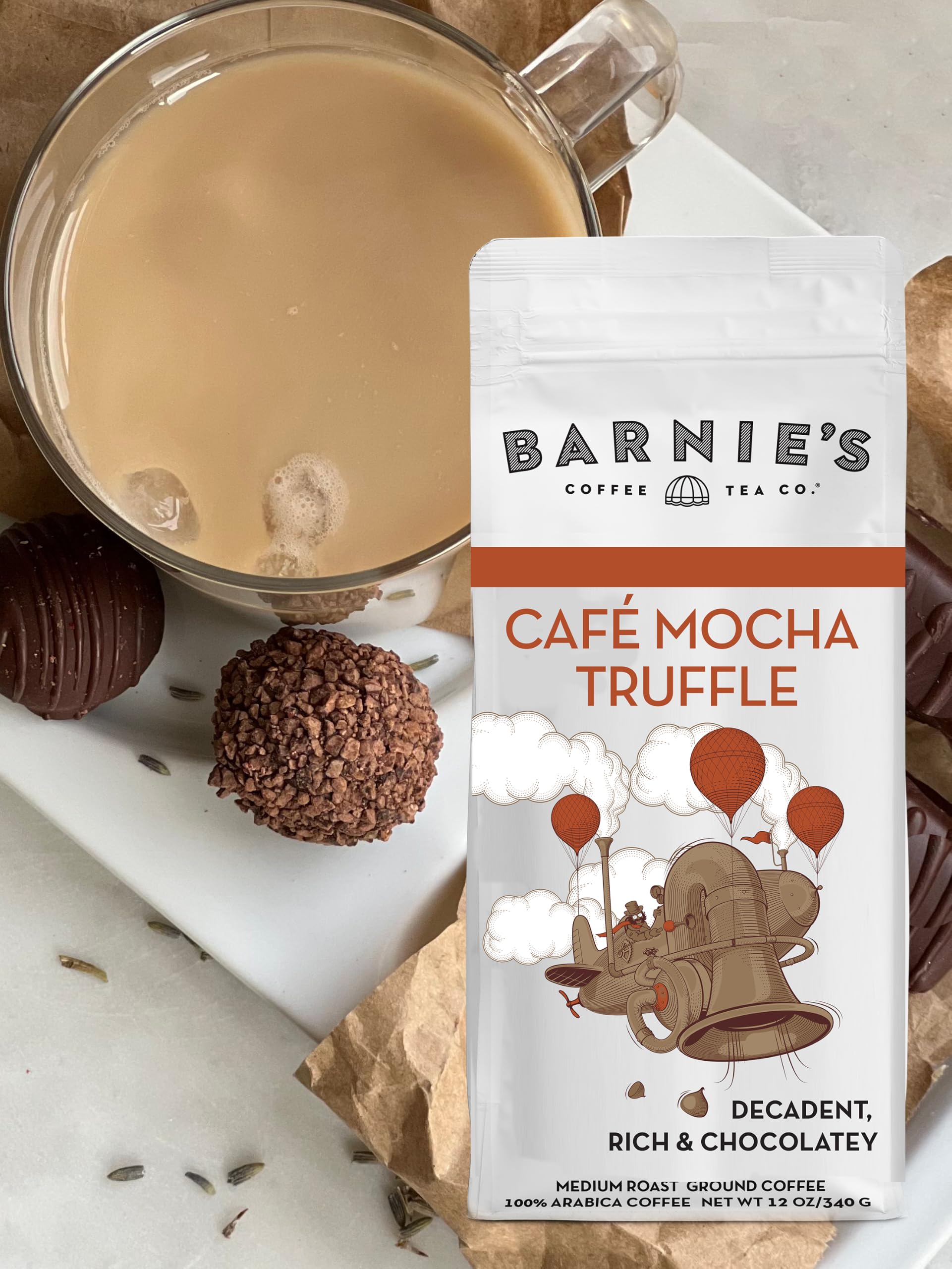 Barnie's ground closeup texture highlighting rich mocha aroma and brewing ease
