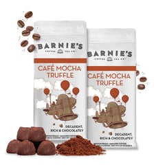 Barnie's pack front showing two 12 oz bags and clear chocolate aroma benefit