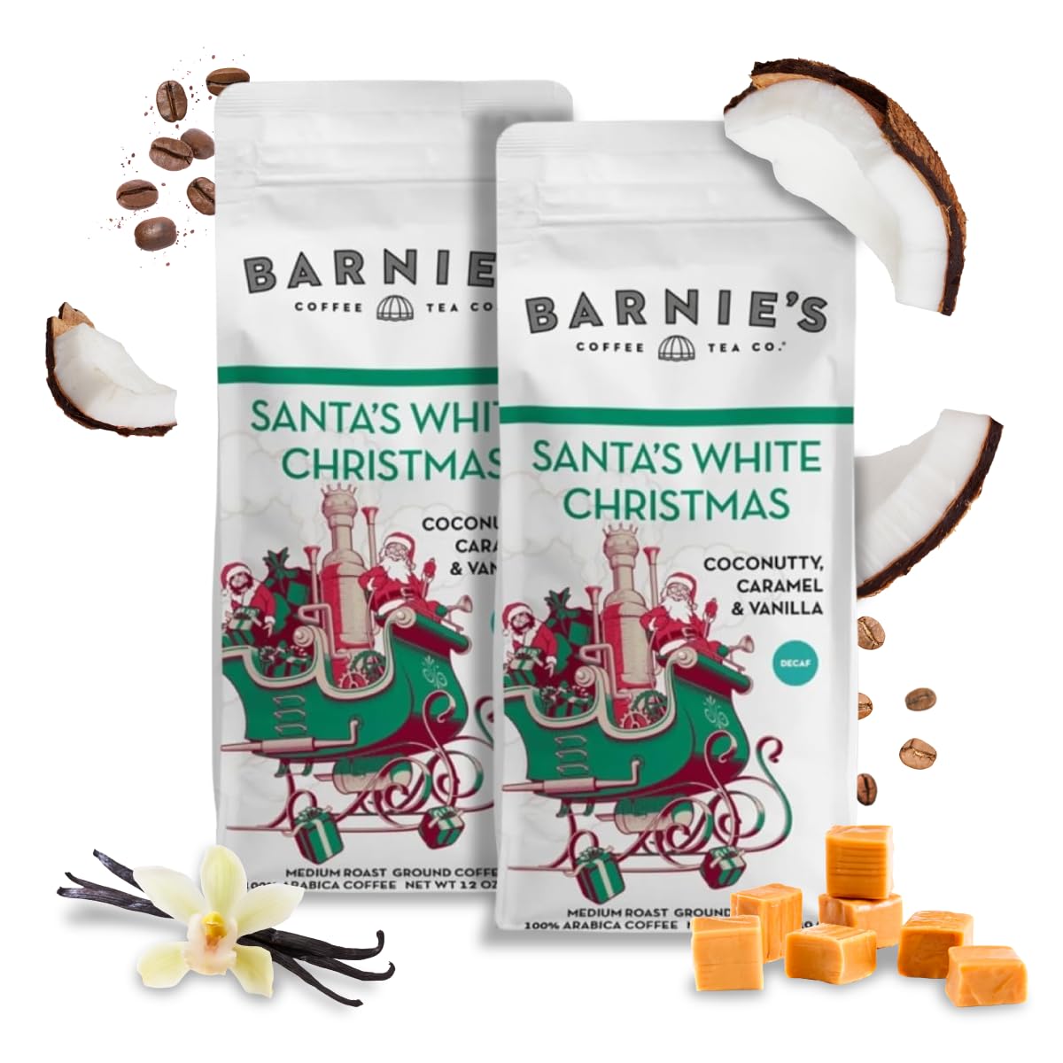 Barnie's Coffee front packaging showing festive decaf blend and flavor benefits