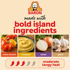 Baron label detail featuring Scotch bonnet listing, communicates authentic Caribbean ingredients