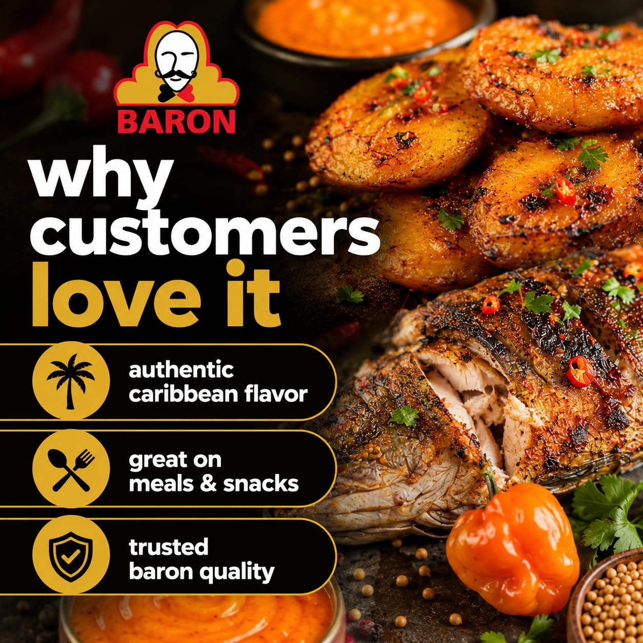 Baron ingredients display with Scotch bonnet peppers and vinegar, highlights natural flavor sources