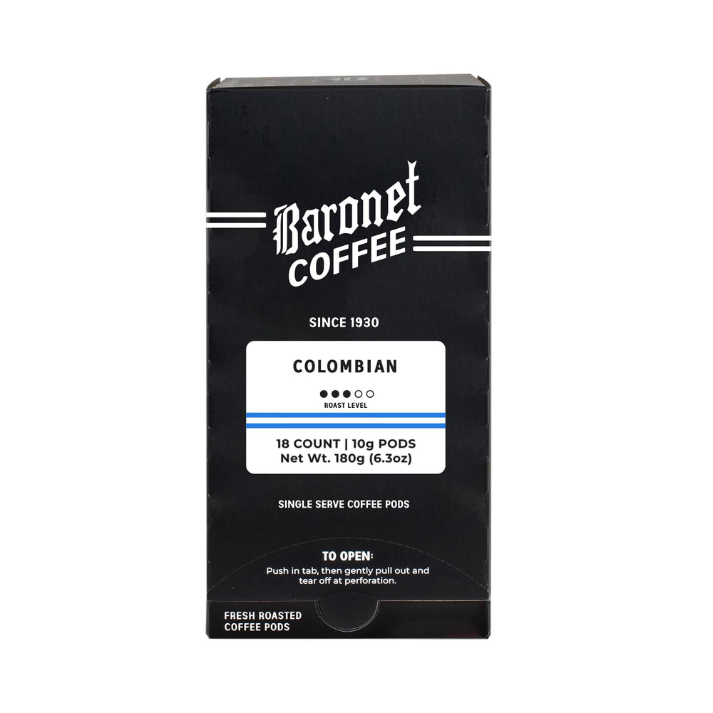 Baronet Coffee front packaging showing 54 Colombian pods and freshness