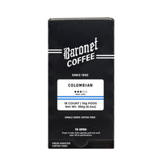 Baronet Coffee front packaging showing 54 Colombian pods and freshness