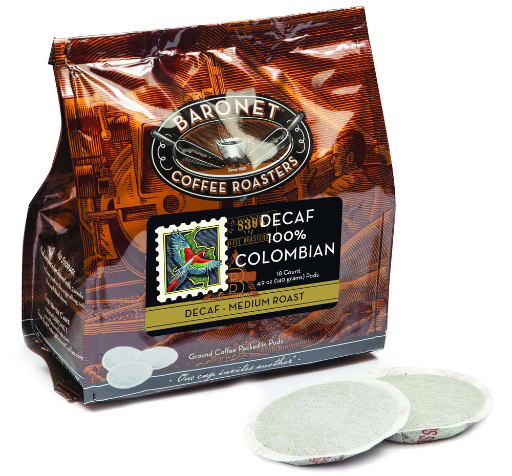 Baronet Coffee front packaging showing decaf Colombian pods and freshness