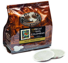 Baronet Coffee front packaging showing decaf Colombian pods and freshness
