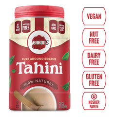 Baron's pouring tahini into bowl to show easy blending and creamy flow