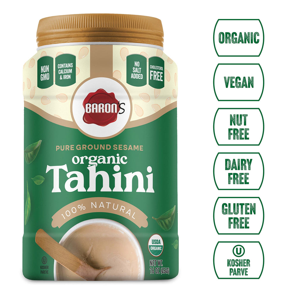Baron's tahini on spoon drizzling for smooth sauce or dressing benefit
