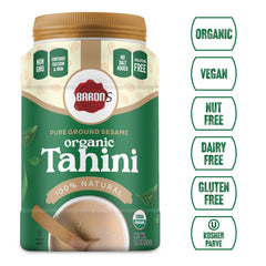 Baron's tahini on spoon drizzling for smooth sauce or dressing benefit