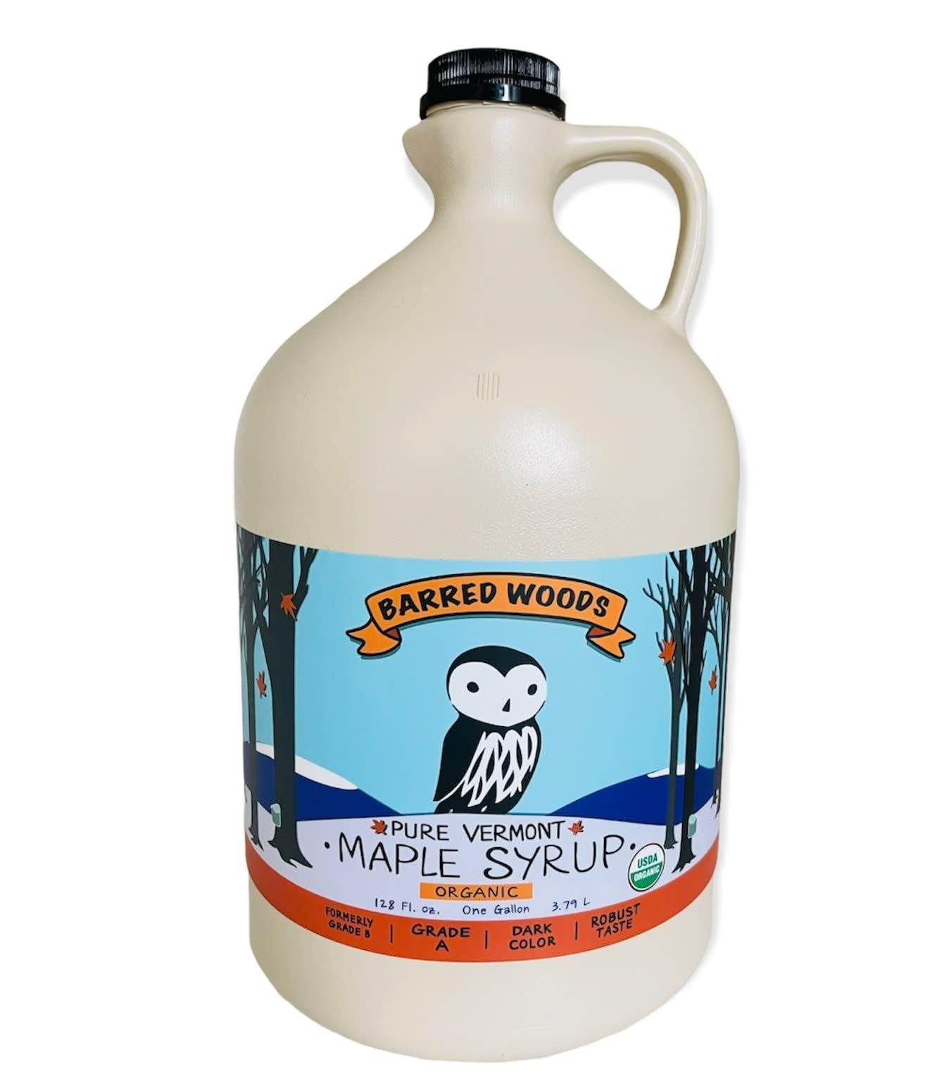 Barred Woods front jug showing one-gallon label and organic seal, ideal bulk supply