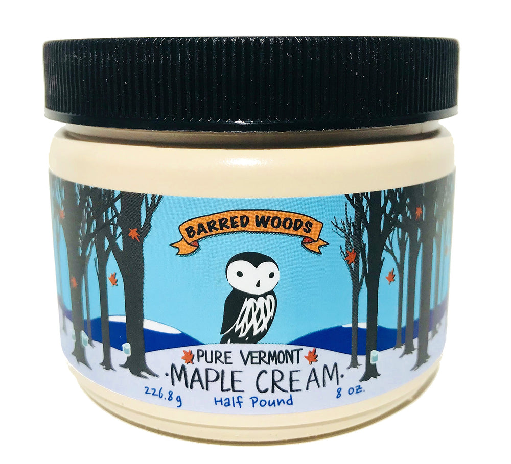 Barred Woods jar front showing pure maple cream and clean packaging, appeals as natural spread