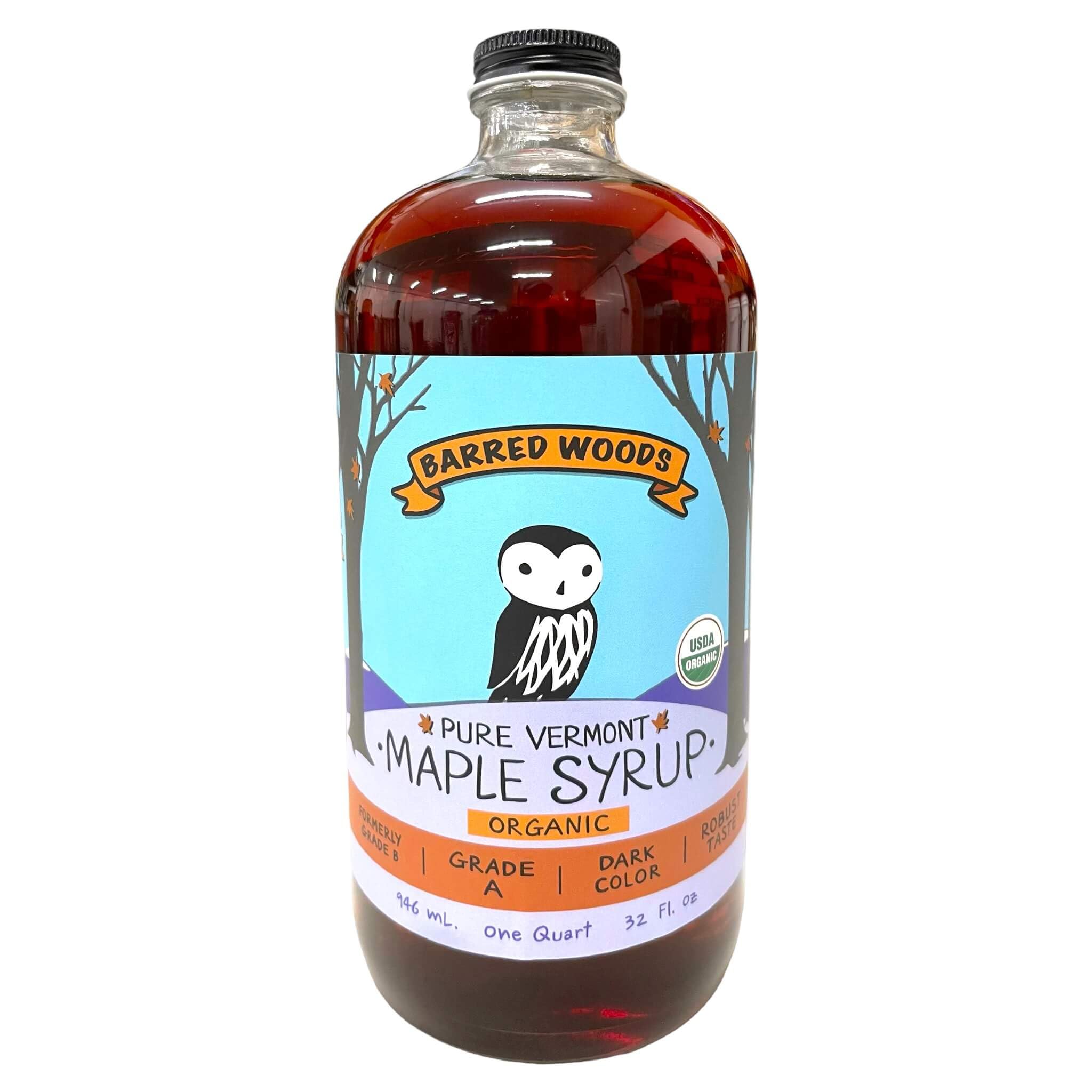 Barred Woods quart glass bottle front view showing label and rich syrup for lasting flavor