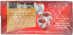 Stacked Barry's Tea boxes next to a teacup illustrating pack quantity and home storage benefit