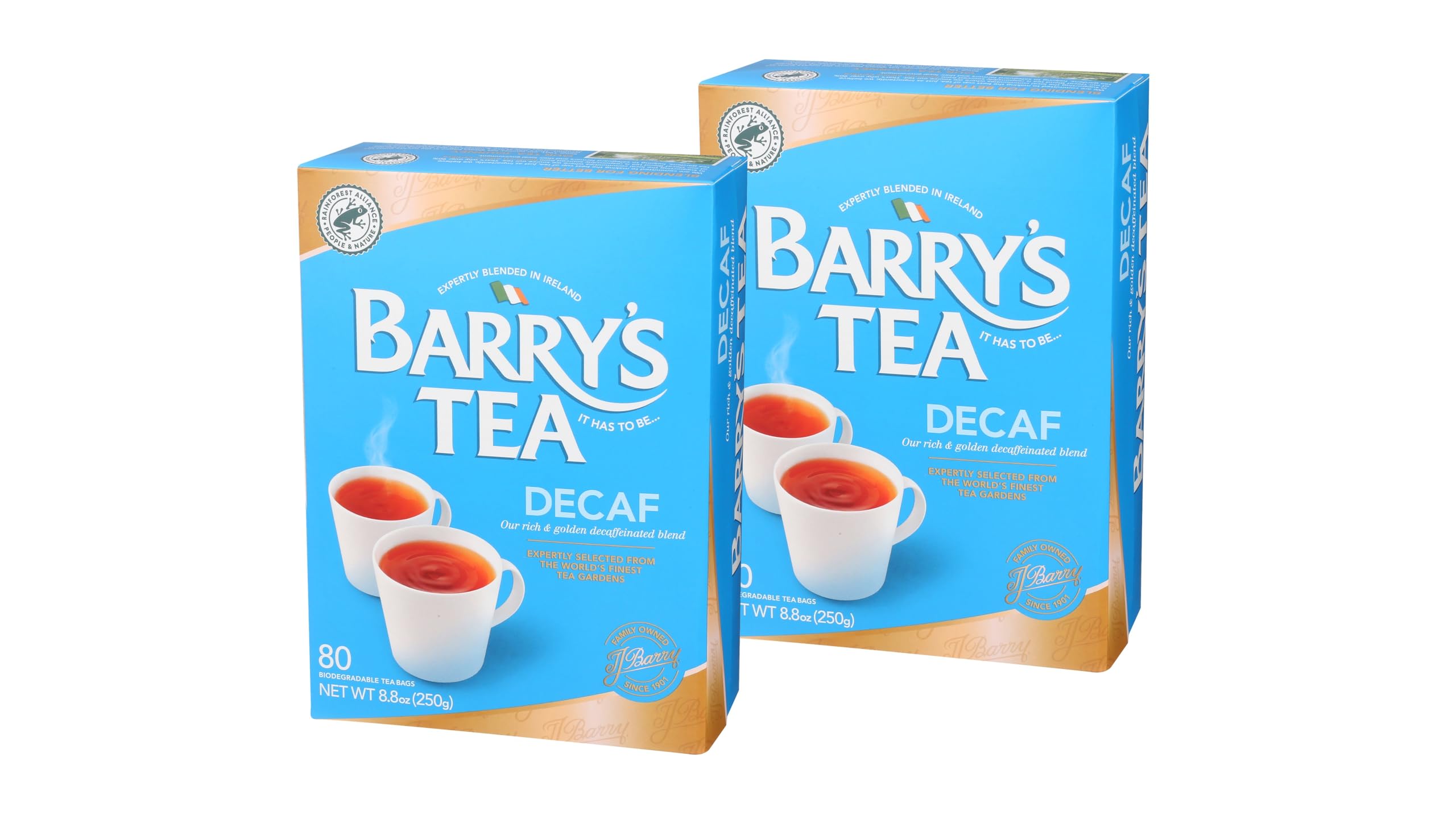 Barry's Tea front packaging of two-pack showing brand and decaf label for convenience