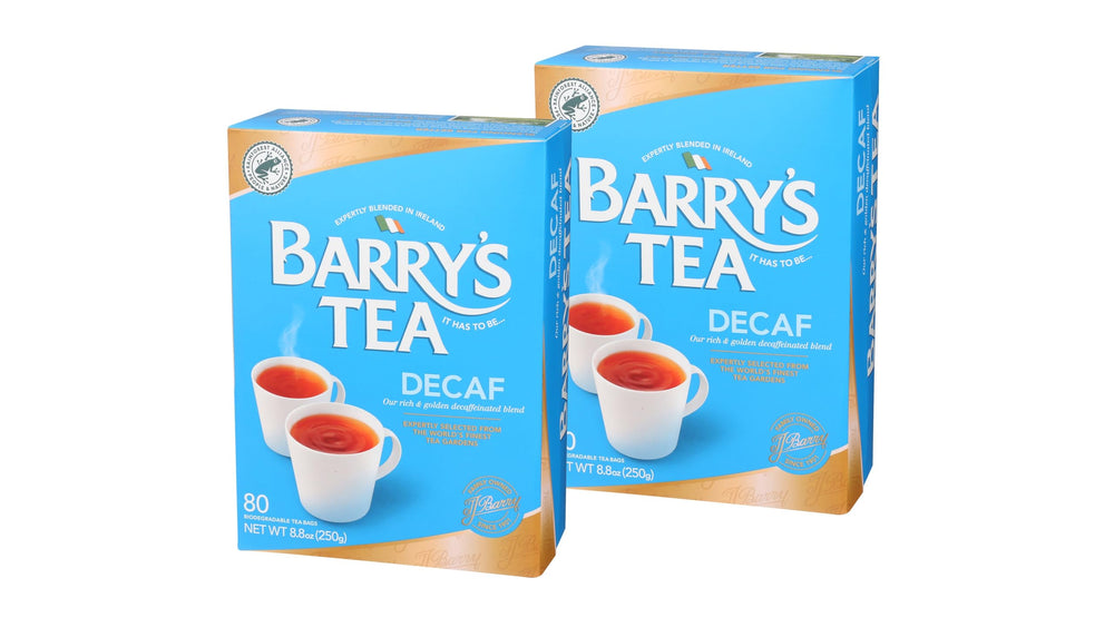 Barry's Tea front packaging of two-pack showing brand and decaf label for convenience