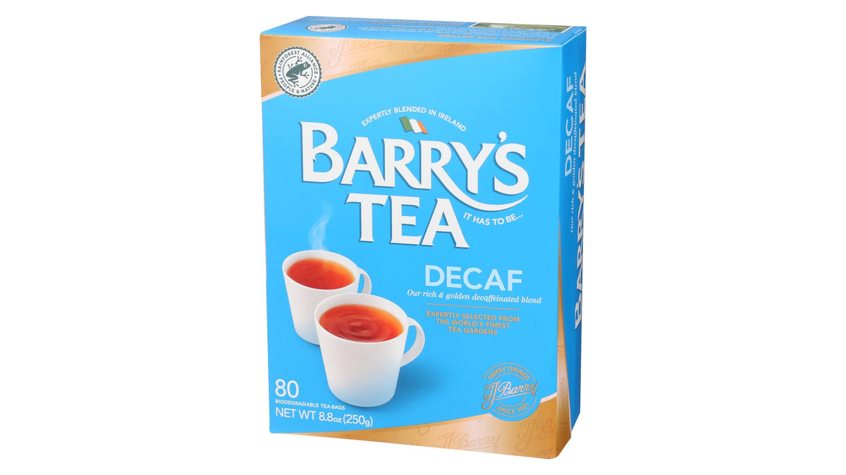 Barry's Tea decaf front packaging showing box and count, clear product identity and convenience