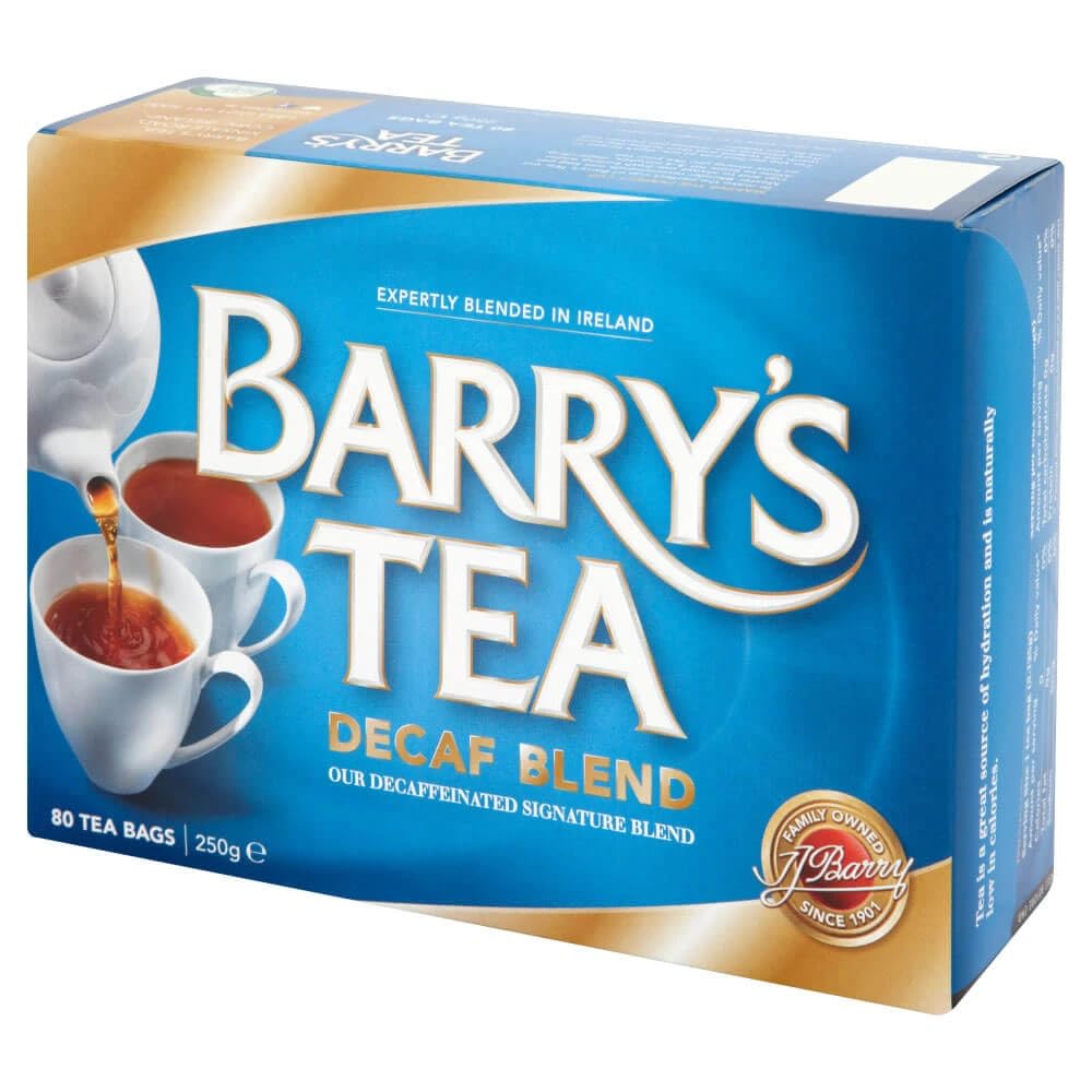 Barry's Tea decaffeinated box front displaying 80-count and packaging benefit