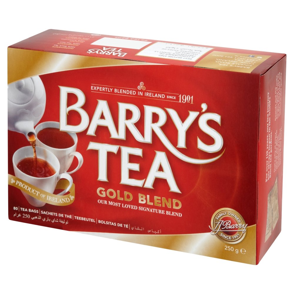 Barry's Tea front packaging showing 80-count box and clear branding for reliable strong flavor