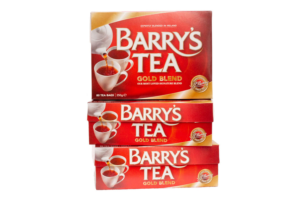 Barry's Tea Gold Blend front packaging showing three 80-count boxes and value