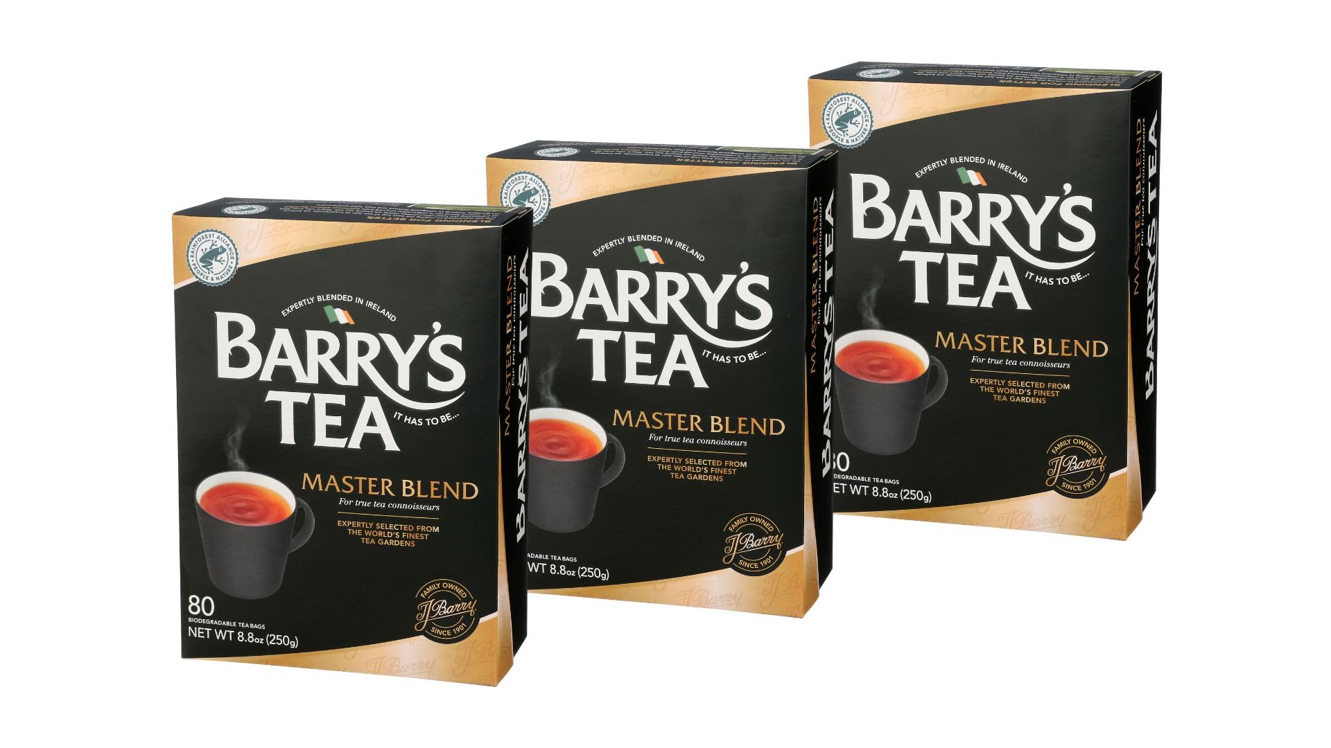 Barry's Tea front packaging showing three 80 teabag boxes and bold branding for pantry convenience
