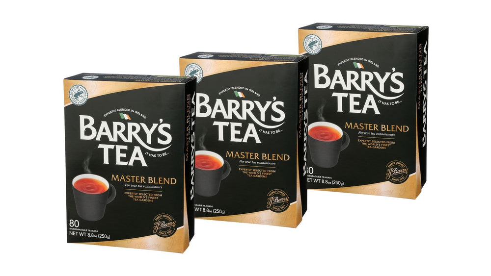 Barry's Tea front packaging showing three 80 teabag boxes and bold branding for pantry convenience