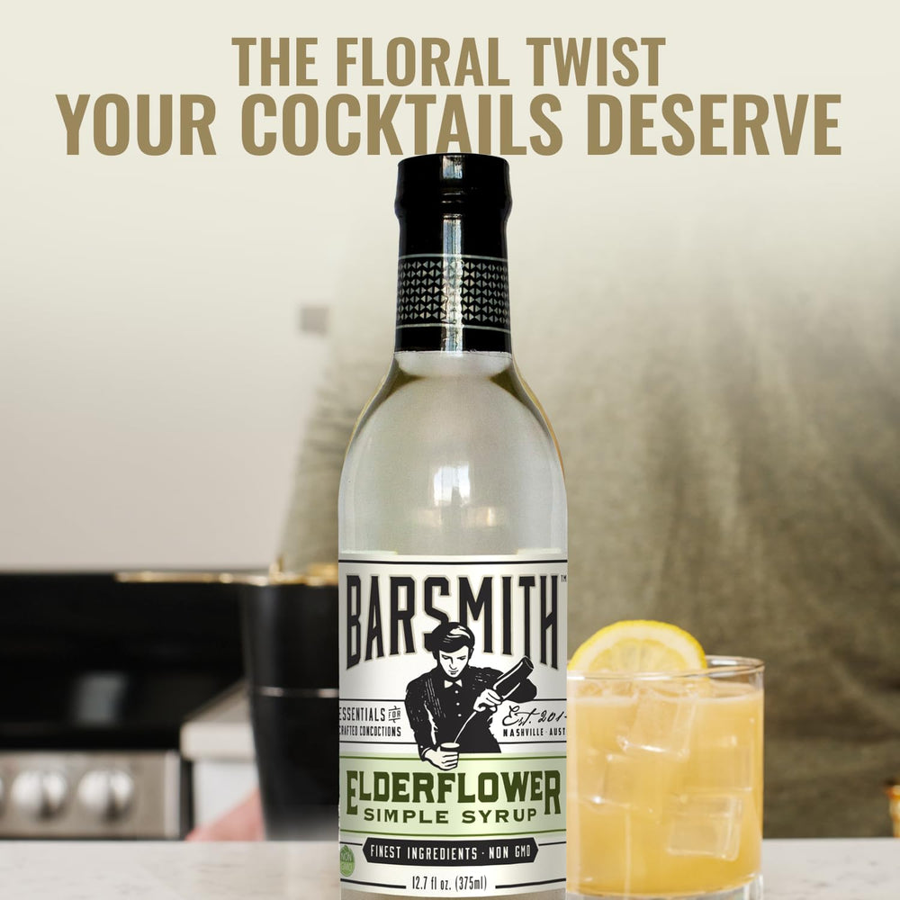 Barsmith elderflower syrup pouring into a glass for consistent sweetness