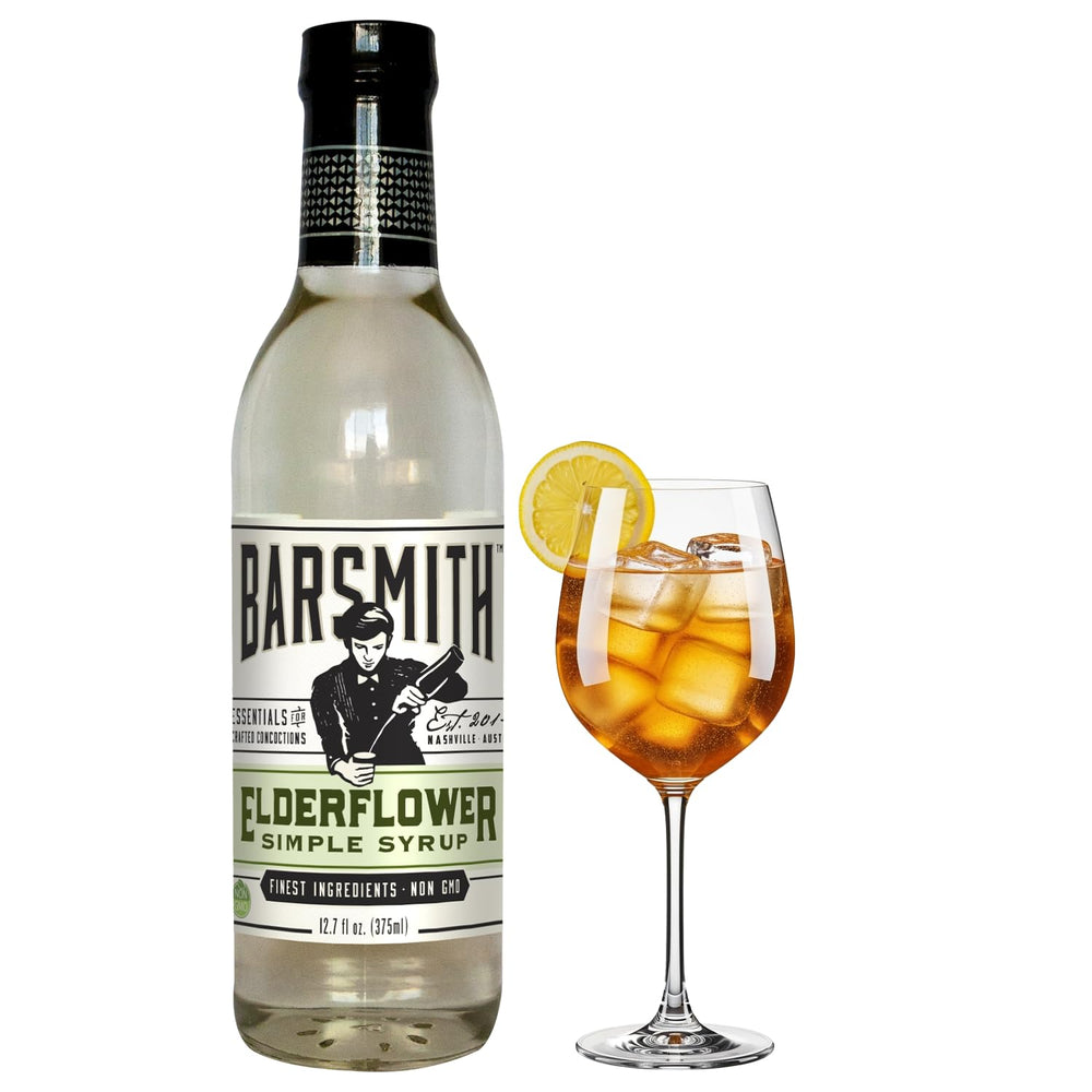 Barsmith elderflower syrup bottle front view showing label and size benefits