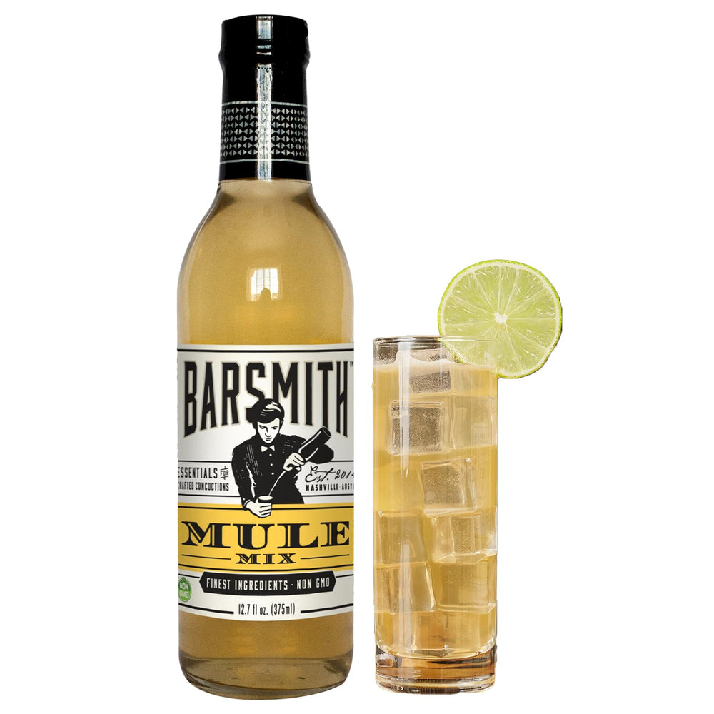 Barsmith bottle front label showing Moscow Mule mix, clear branding and use benefit