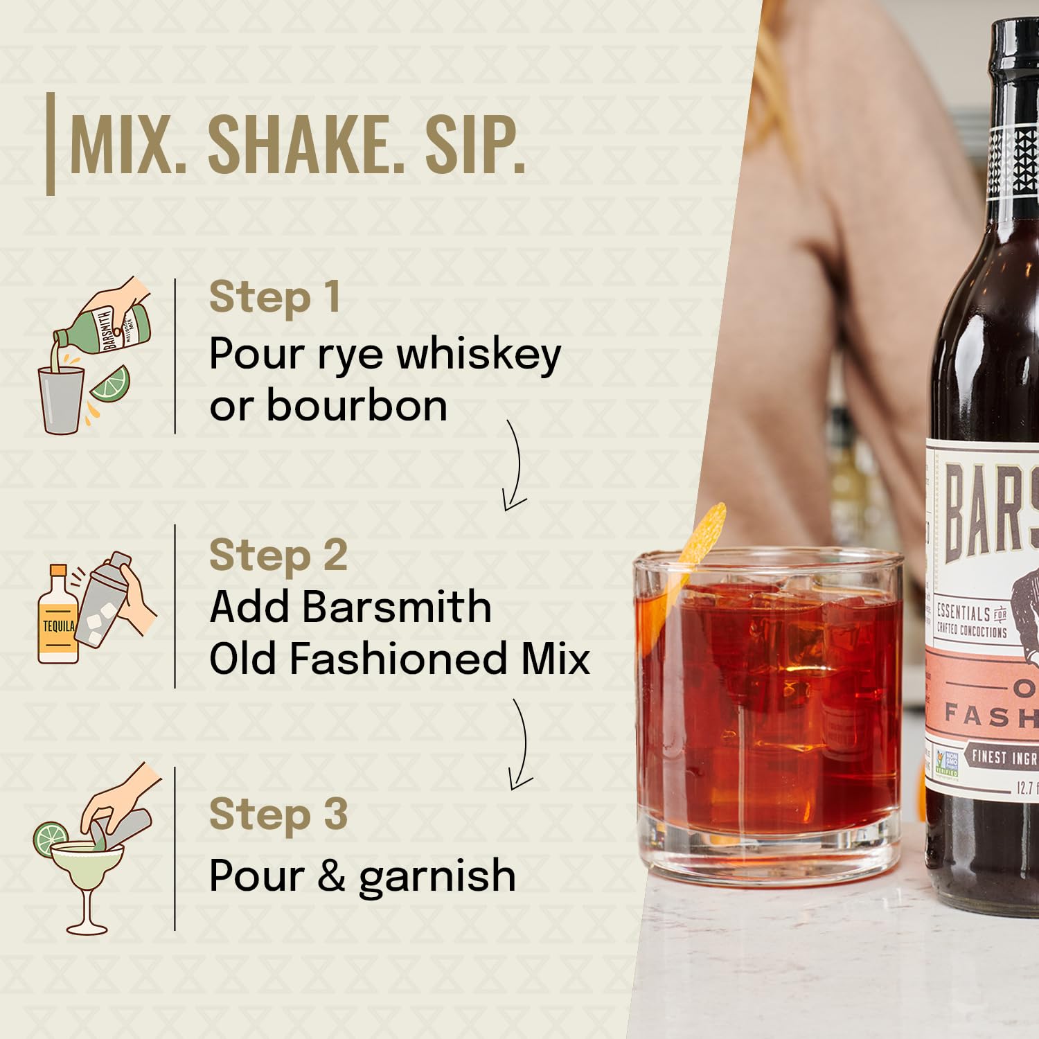 Finished Old Fashioned with Barsmith mix garnished with orange and cherry