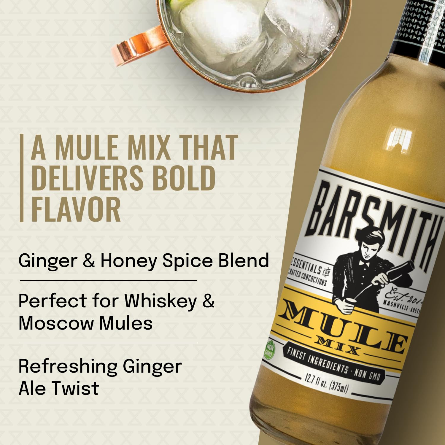 Barsmith with fresh ginger and honey beside bottle, showcasing natural ingredient appeal