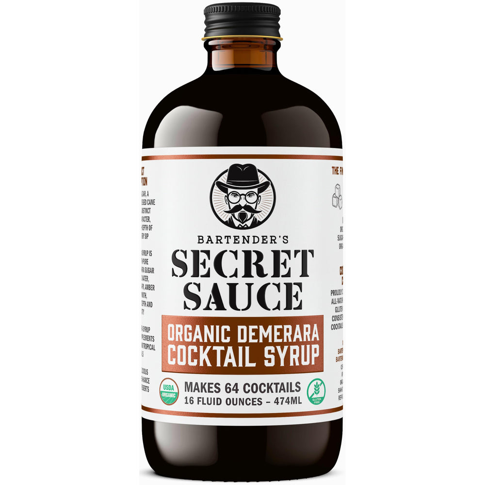 Bartender's Secret Sauce front label showing 16 oz bottle and organic claim for trust