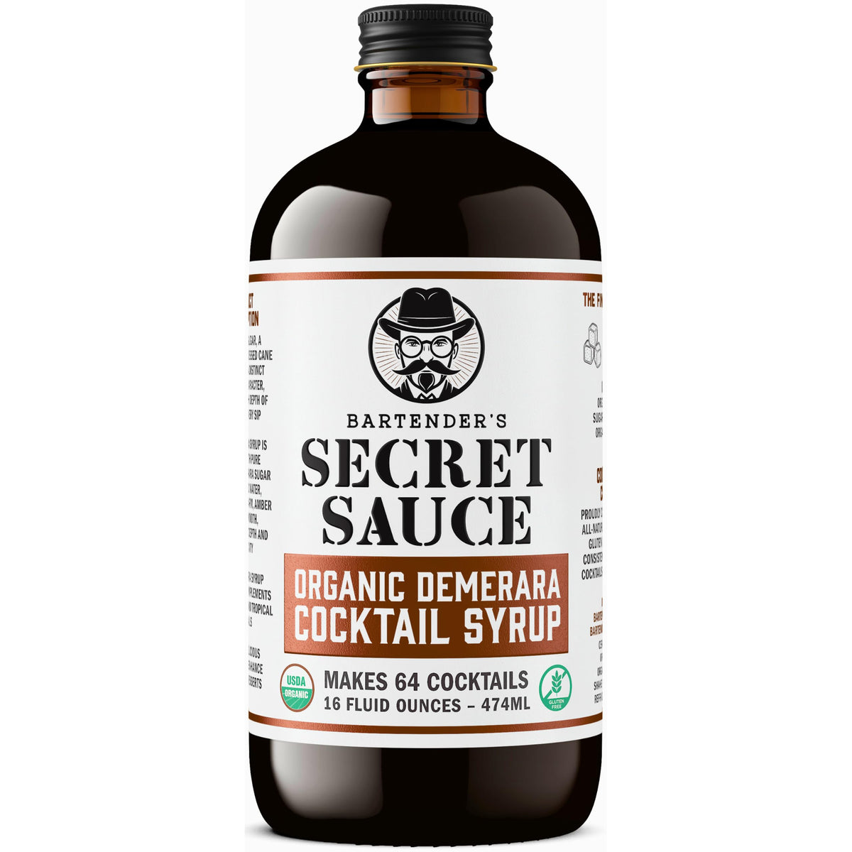 Bartender's Secret Sauce front label showing 16 oz bottle and organic claim for trust