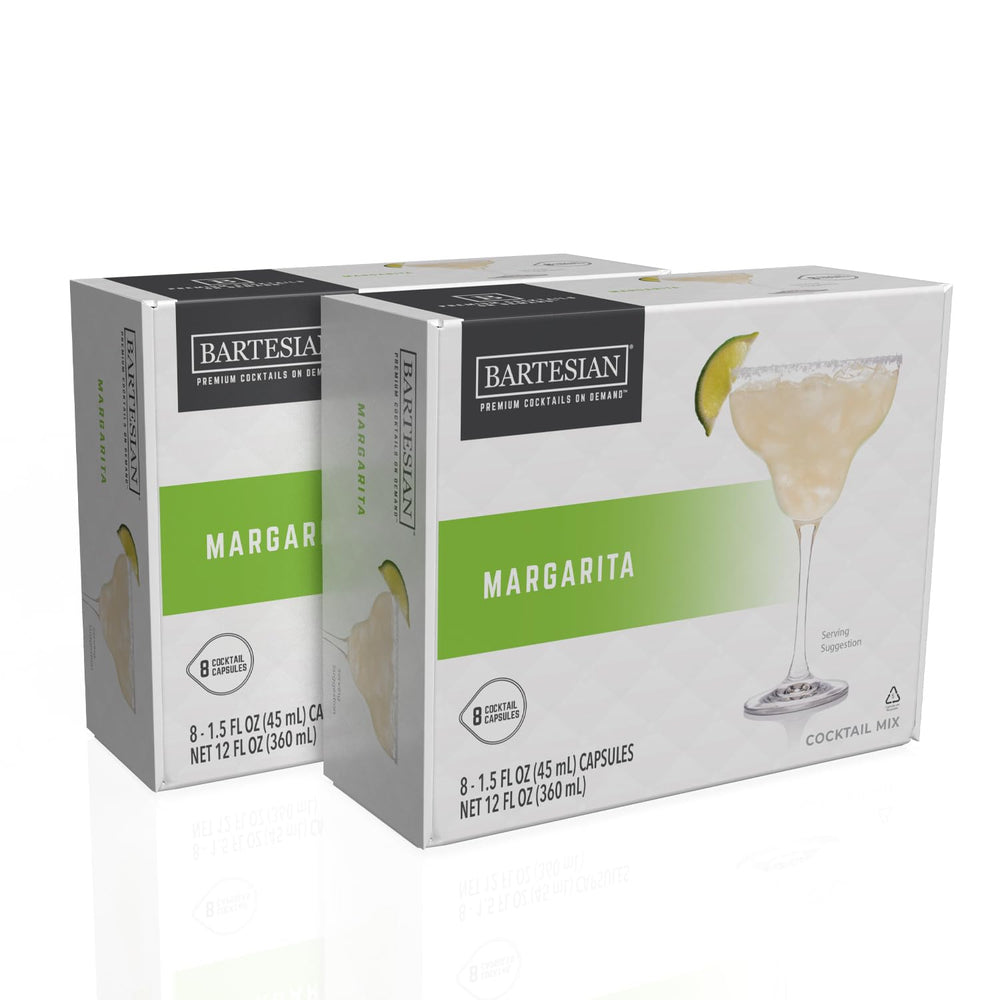 Bartesian front packaging margarita capsules shows pack and freshness date, easy serving