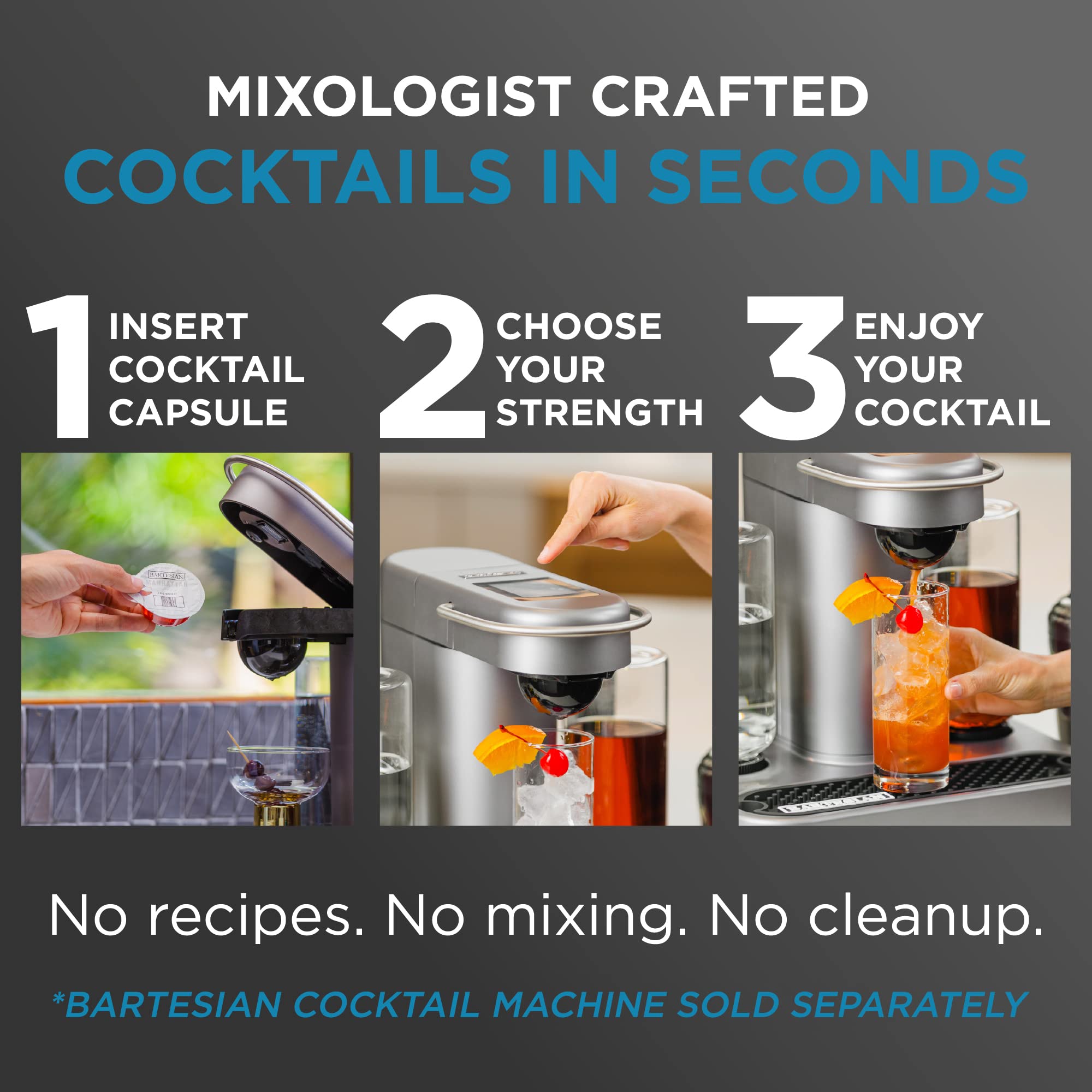Ingredients label on Bartesian Old Fashioned capsule highlighting real concentrates