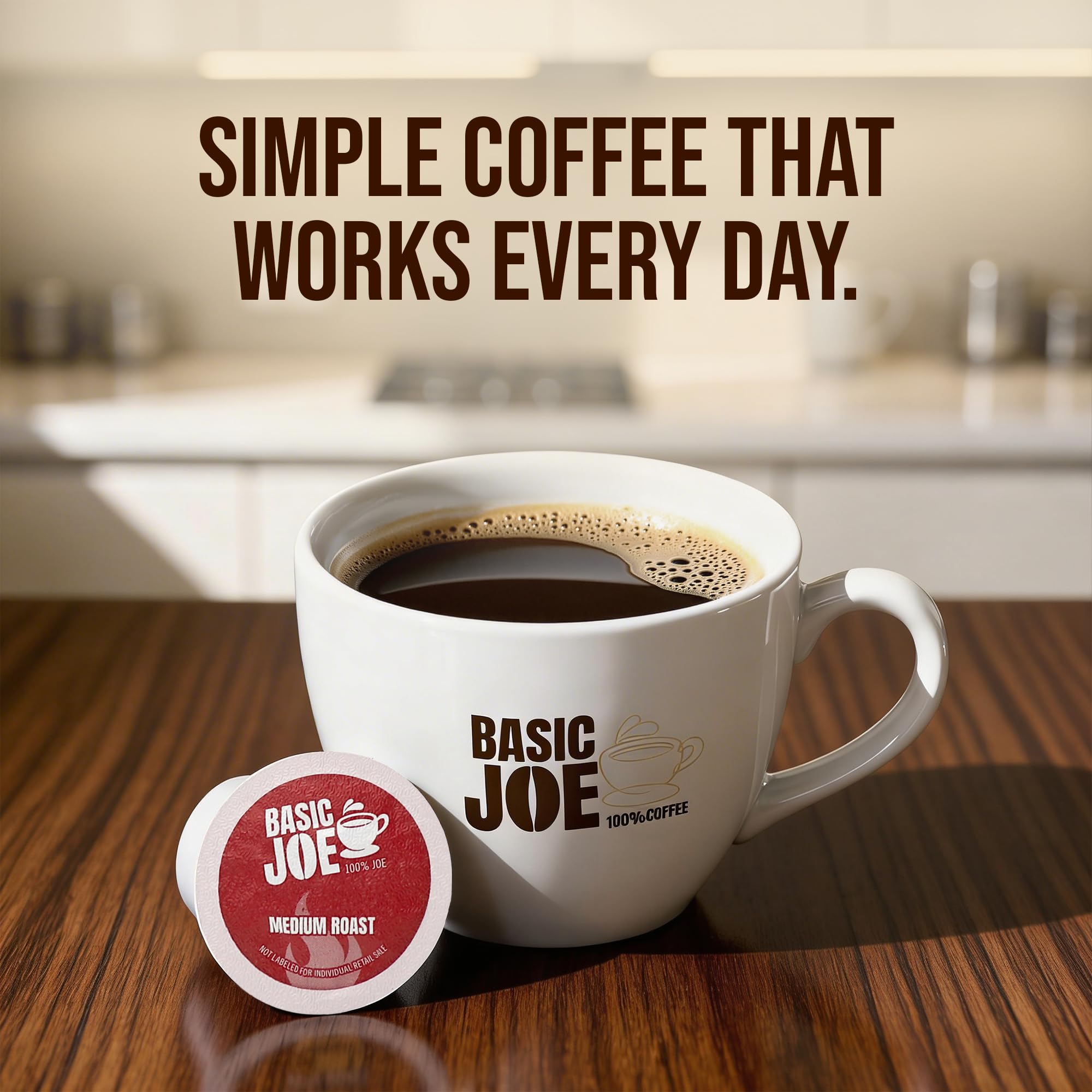 Basic Joe in morning kitchen lifestyle scene conveying easy daily coffee ritual