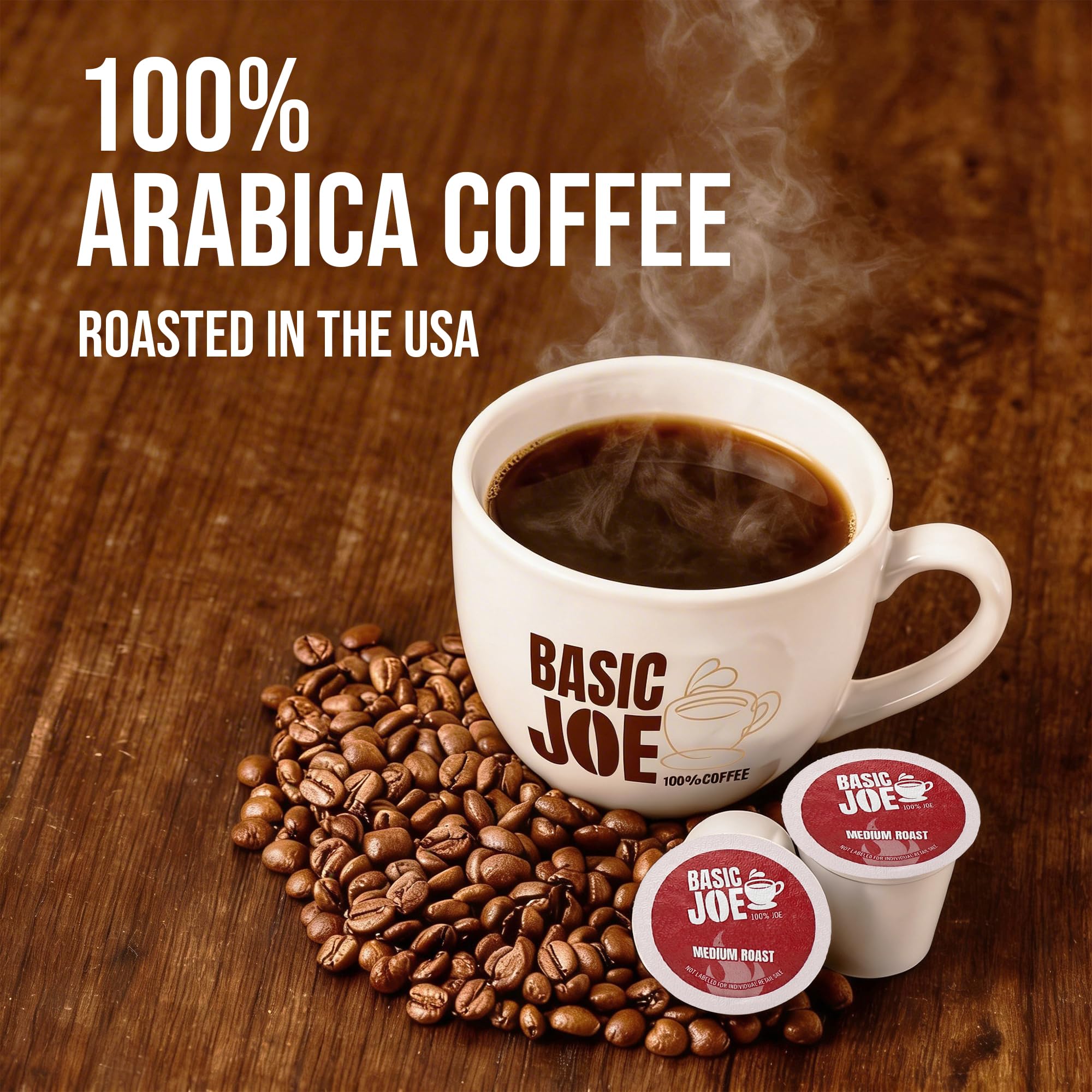 Basic Joe pod beside a coffee mug illustrating size and portion for one cup