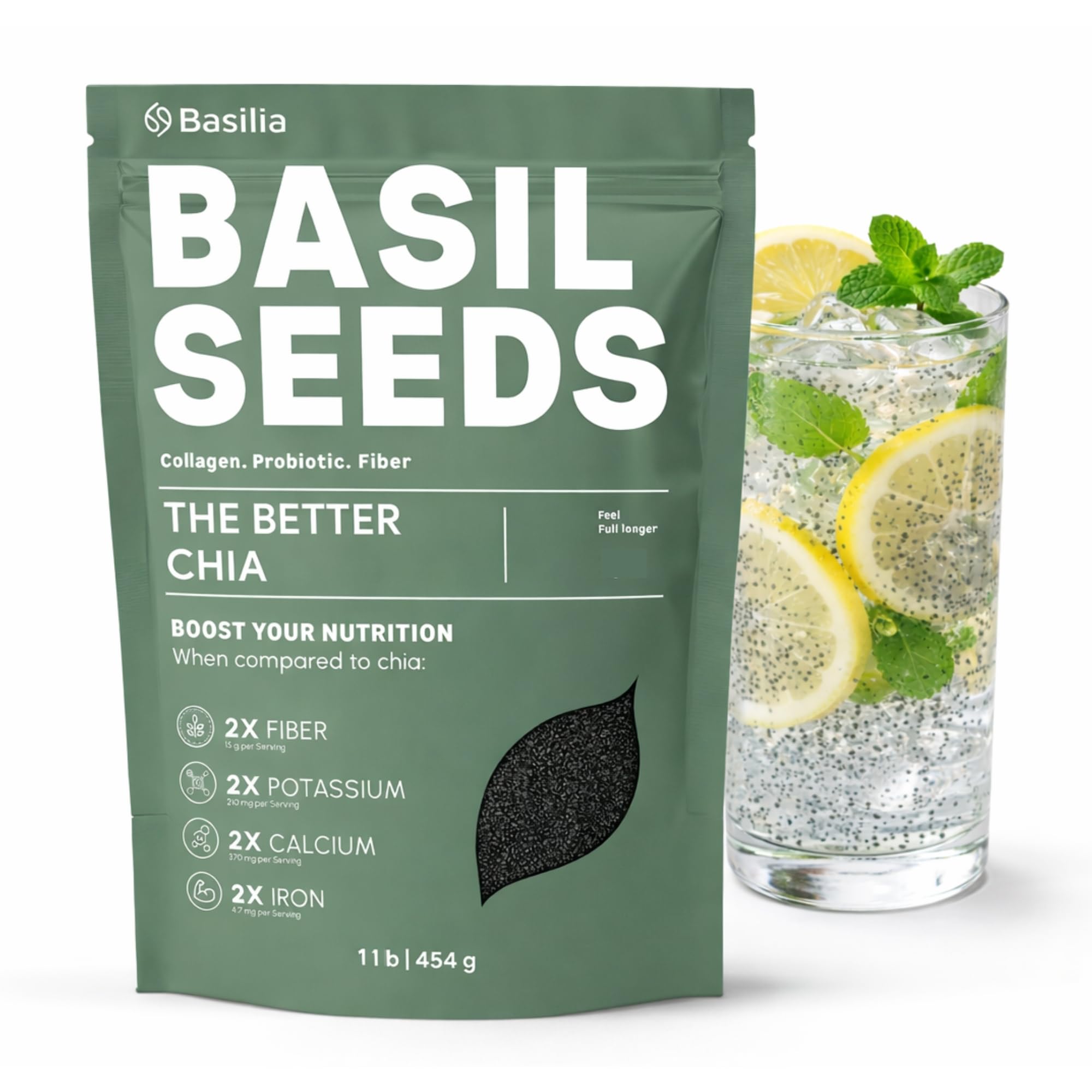 Basilia front packaging showing 1 lb bag and branding benefits