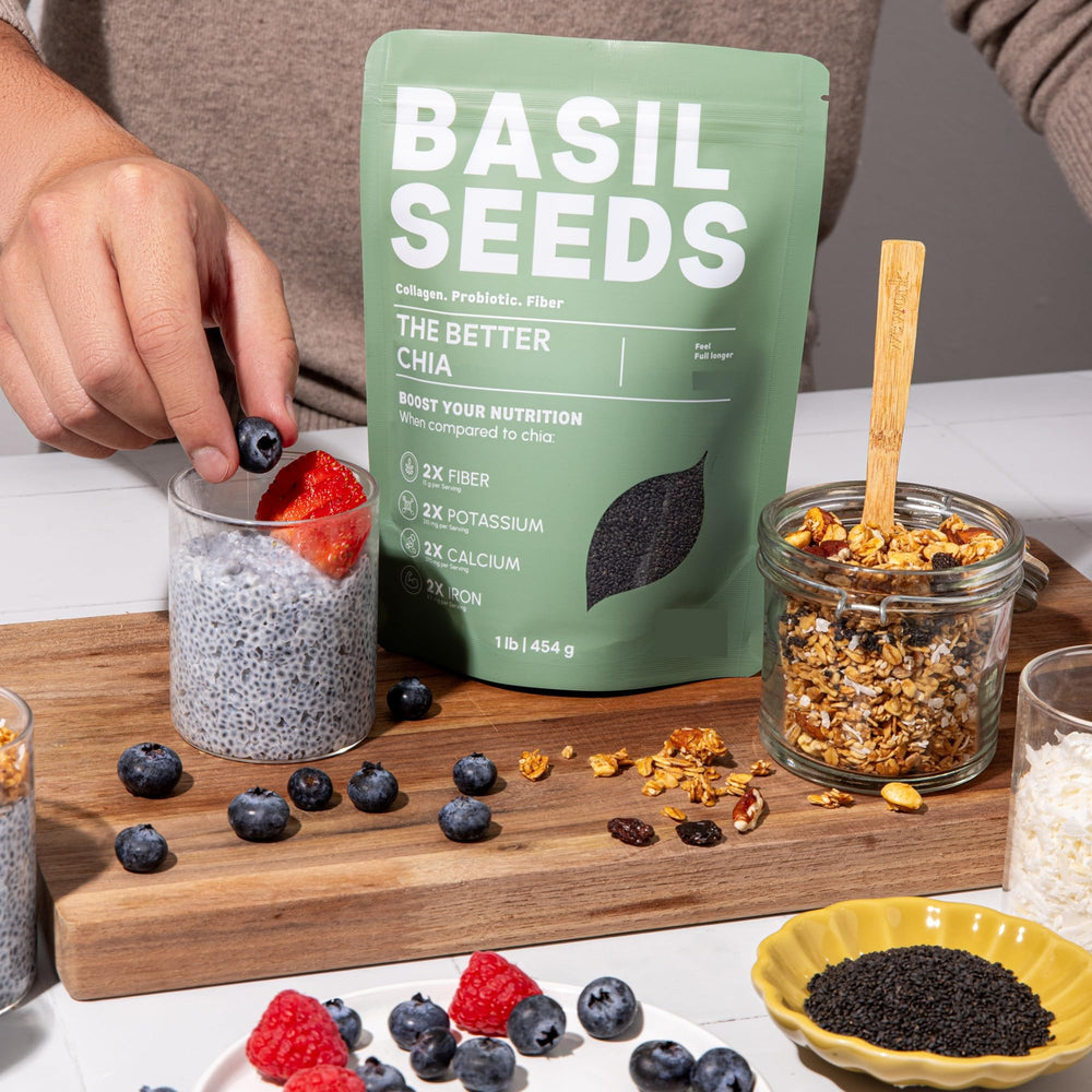Basilia kitchen lifestyle scene with seeds used in a morning drink