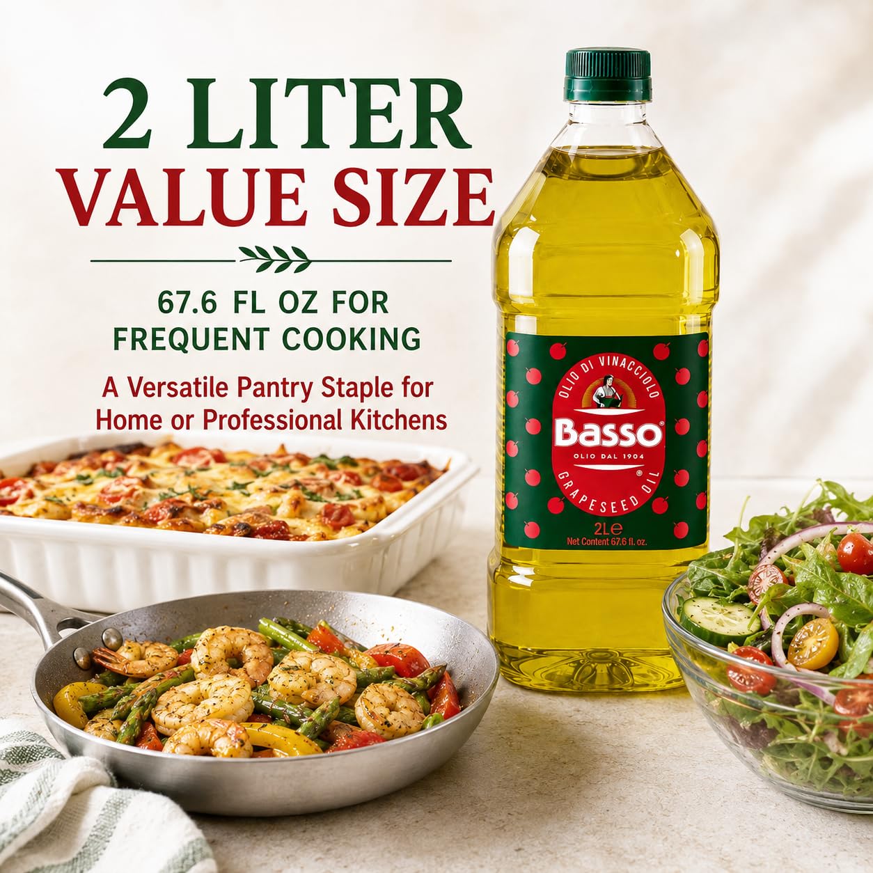 Basso bottle beside fruit and measuring cup showing size and value benefit