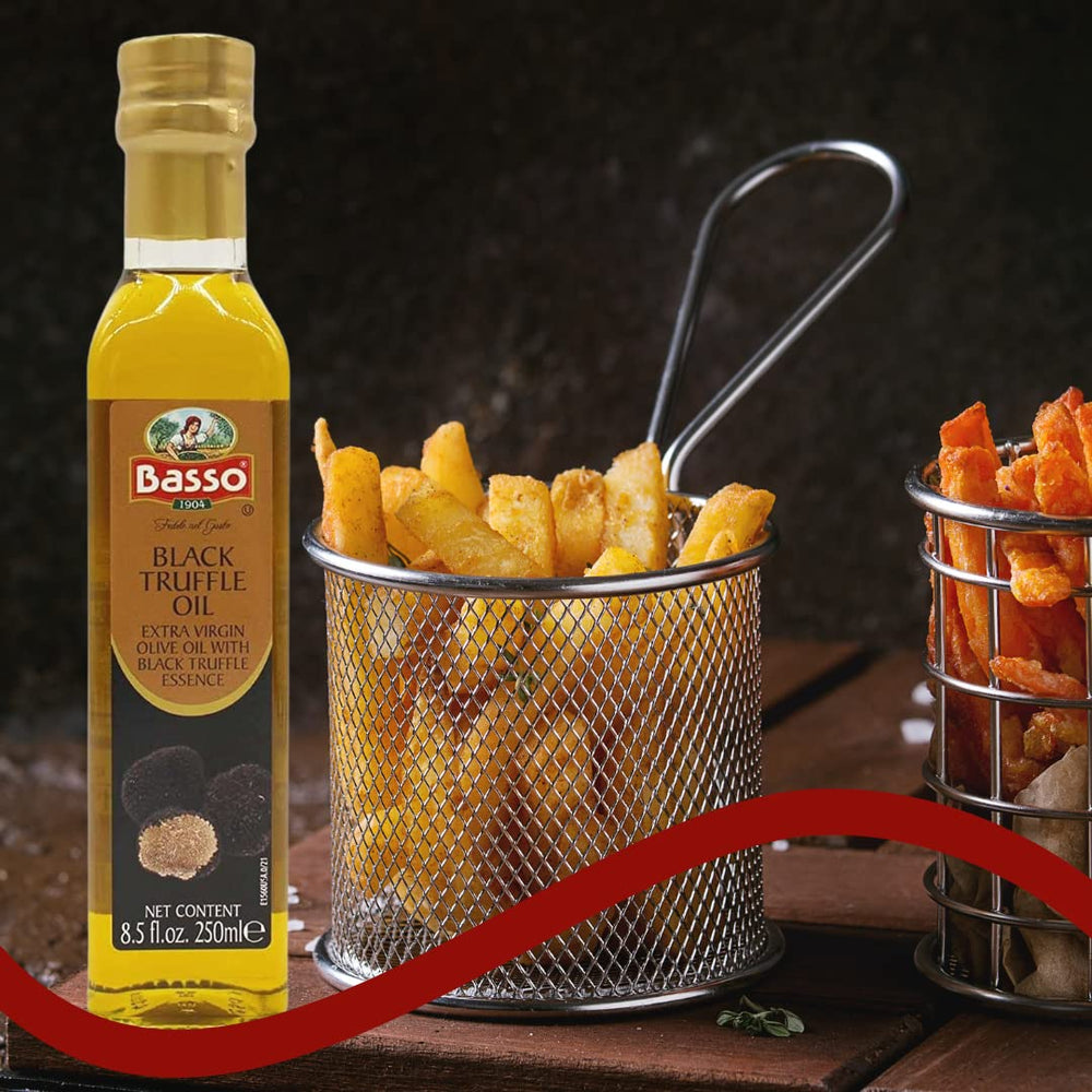 Basso truffle oil pouring close-up showing silky texture and rich aroma