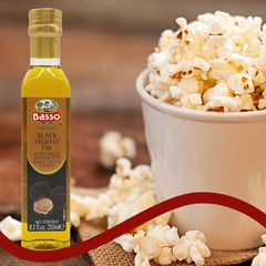Basso truffle oil drizzled over pasta, adds gourmet truffle flavor to dishes