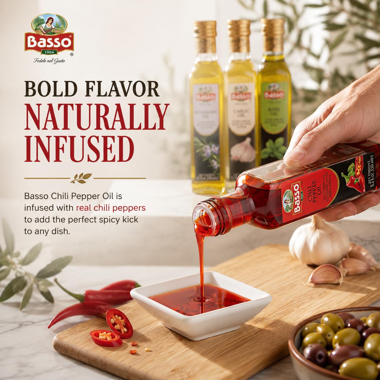 BASSO chili pepper infused oil pouring over grilled meat adding controlled heat