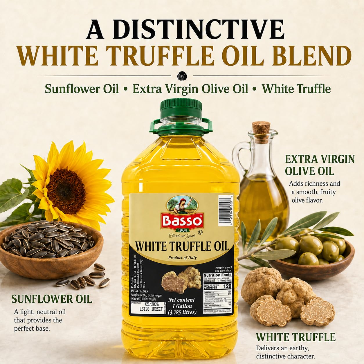 Basso close-up of oil texture and sheen highlighting rich truffle aroma