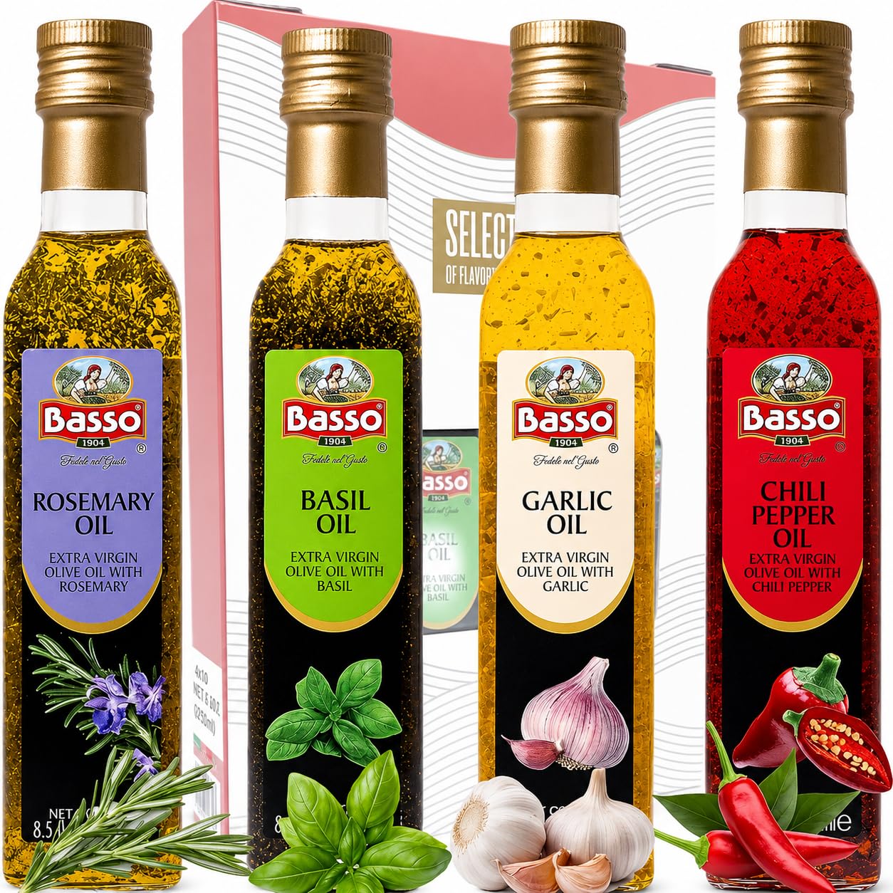 BASSO front packaging showing the four-bottle gift set and elegant box presentation