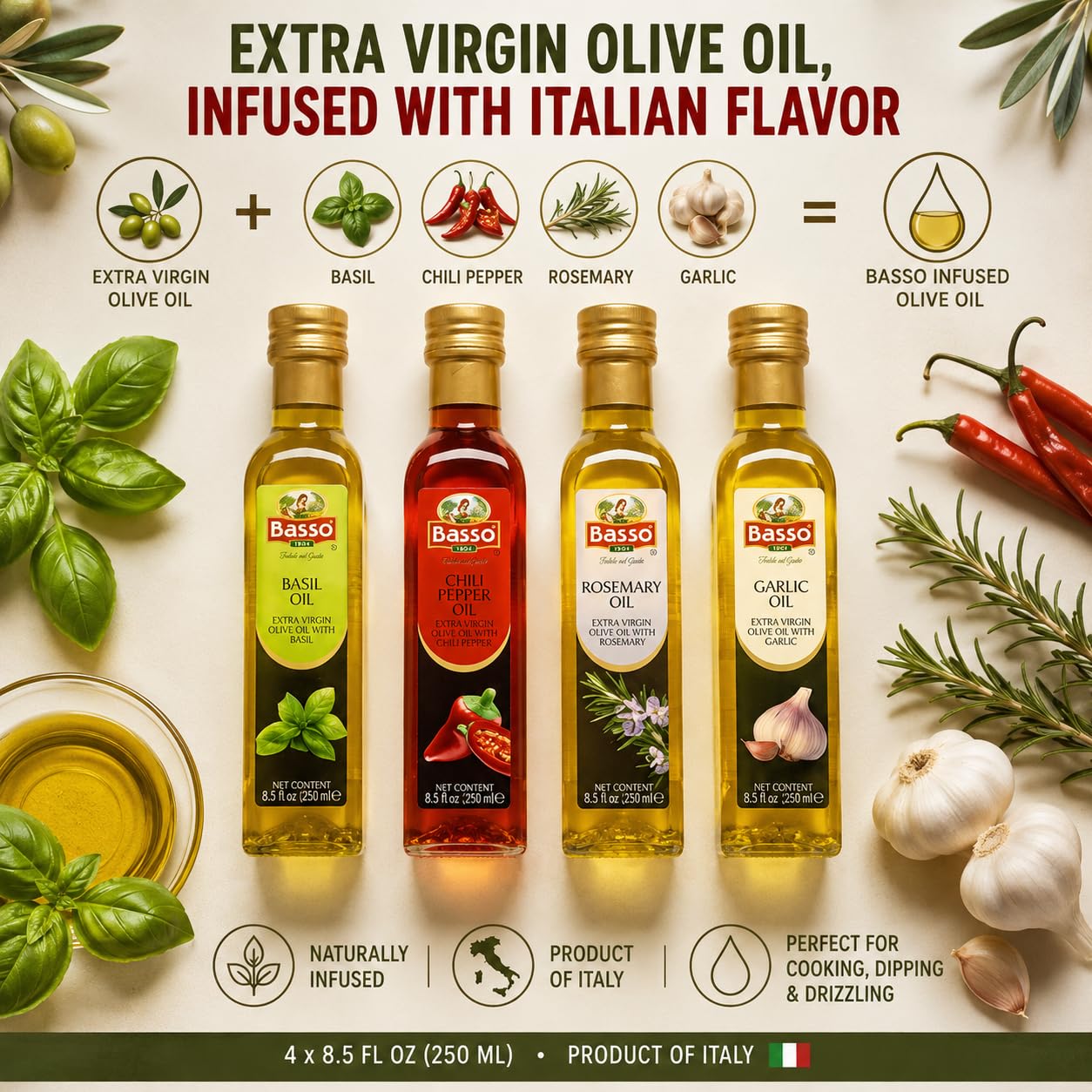 BASSO garlic infused olive oil bottle label close-up highlighting natural ingredients
